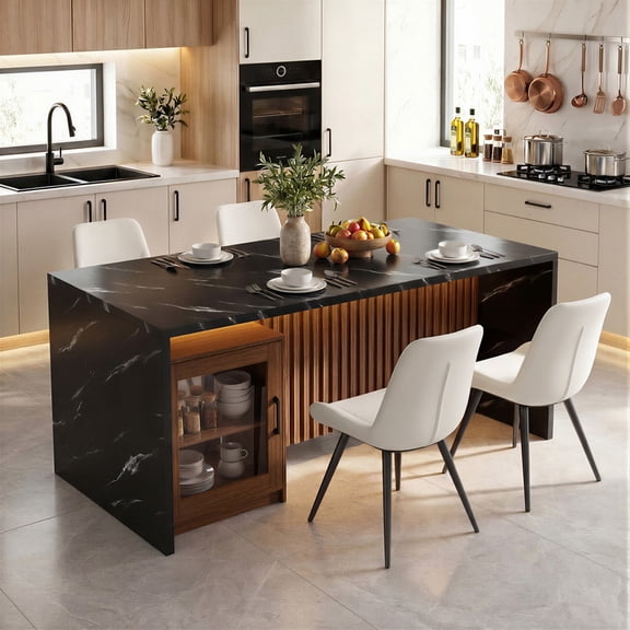 Hawsaiy 5 Piece Dining Table Set for 4, 63" Faux Marble Dining Table with LED Lights & Storage Cabinet, Kitchen Table and 4 PU Leather Upholstered Dining Chairs, Black