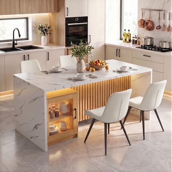 Hawsaiy 5 Piece Dining Table Set for 4, 63" Faux Marble Dining Table with LED Lights & Storage Cabinet, Kitchen Table and 4 PU Leather Upholstered Dining Chairs, White