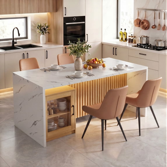 Hawsaiy 5 Piece Dining Table Set for 4, 63" Faux Marble Dining Table with LED Lights & Storage Cabinet, Kitchen Table and 4 PU Leather Upholstered Dining Chairs, White