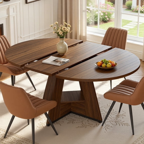 Hawsaiy 5 Piece Extendable Dining Table Set for 4, 47.24"-63" Round to Oval Kitchen Dining Room Table with Storage Shelf & Upholstered Dining Chairs, Modern Wood Dining Table Set for Apartment