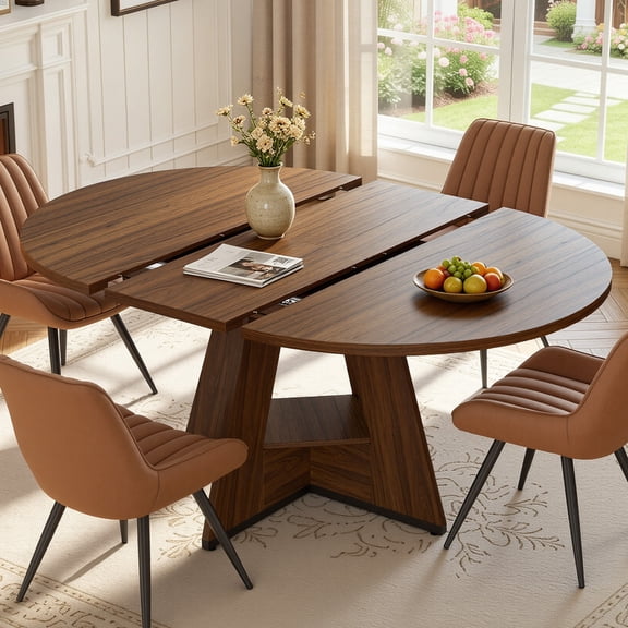 Hawsaiy 5 Piece Extendable Dining Table Set for 4, 47.24"-63" Round to Oval Kitchen Dining Room Table with Storage Shelf & Upholstered Dining Chairs, Modern Wood Dining Table Set for Apartment