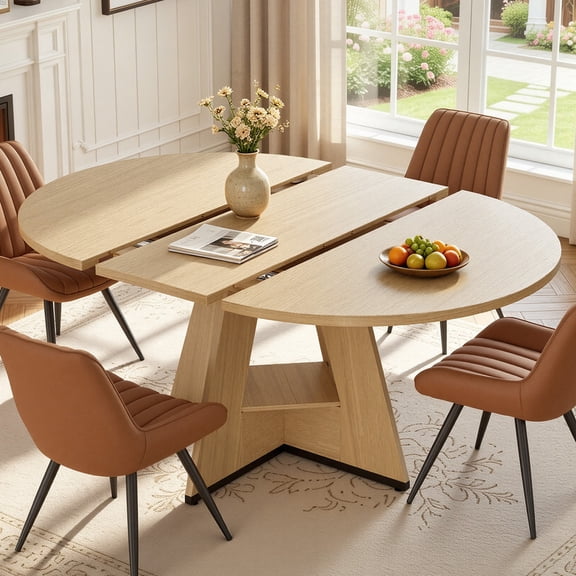 Hawsaiy 5 Piece Extendable Dining Table Set for 4, 47.24"-63" Round to Oval Kitchen Dining Room Table with Storage Shelf & Upholstered Dining Chairs, Modern Wood Dining Table Set for Apartment
