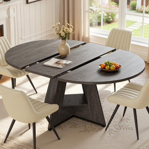 Hawsaiy 5 Piece Extendable Dining Table Set for 4, 47.24"-63" Round to Oval Kitchen Dining Room Table with Storage Shelf & Upholstered Dining Chairs, Modern Wood Dining Table Set for Apartment