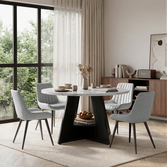 Hawsaiy 5 Piece Round Dining Table Set for 4, 47.3" Kitchen Dining Room Table with Storage Shelf & 4 Upholstered Dining Chairs, Modern Kitchen Table Set with Metal Legs