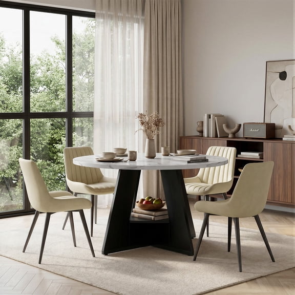 Hawsaiy 5 Piece Round Dining Table Set for 4, 47.3" Kitchen Dining Room Table with Storage Shelf & 4 Upholstered Dining Chairs, Modern Kitchen Table Set with Metal Legs
