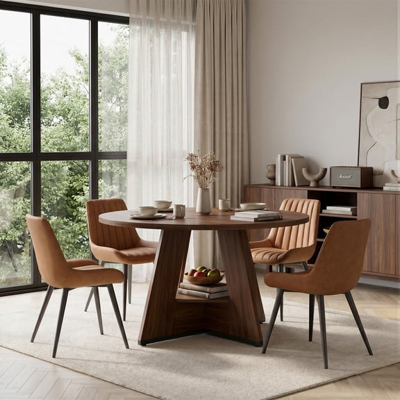Hawsaiy 5 Piece Round Dining Table Set for 4, 47.3" Kitchen Dining Room Table with Storage Shelf & 4 Upholstered Dining Chairs, Modern Kitchen Table Set with Metal Legs