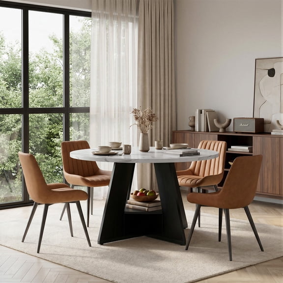 Hawsaiy 5 Piece Round Dining Table Set for 4, 47.3" Kitchen Dining Room Table with Storage Shelf & 4 Upholstered Dining Chairs, Modern Kitchen Table Set with Metal Legs