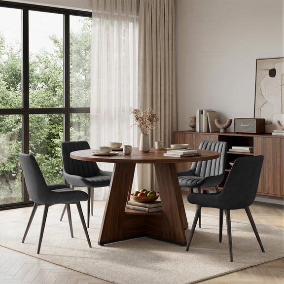 Hawsaiy 5 Piece Round Dining Table Set for 4, 47.3" Kitchen Dining Room Table with Storage Shelf & 4 Upholstered Dining Chairs, Modern Kitchen Table Set with Metal Legs