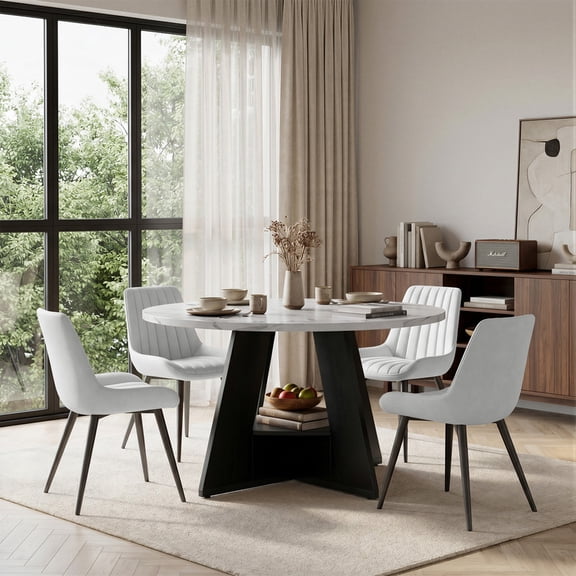 Hawsaiy 5 Piece Round Dining Table Set for 4, 47.3" Kitchen Dining Room Table with Storage Shelf & 4 Upholstered Dining Chairs, Modern Kitchen Table Set with Metal Legs