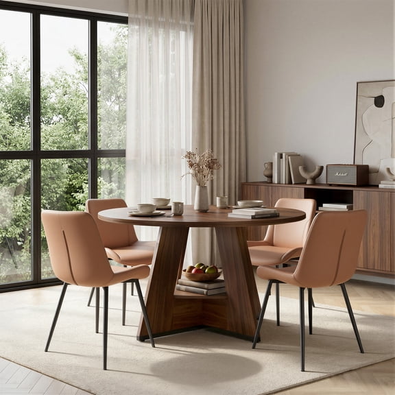 Hawsaiy 5 Piece Round Dining Table Set for 4, 47.3" Kitchen Dining Table with Storage Shelf & 4 PU Leather Dining Chairs, Modern Kitchen Table Set with Crossed Metal Legs