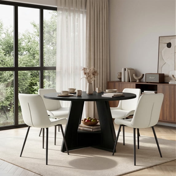 Hawsaiy 5 Piece Round Dining Table Set for 4, 47.3" Kitchen Dining Table with Storage Shelf & 4 PU Leather Dining Chairs, Modern Kitchen Table Set with Crossed Metal Legs