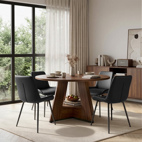 Hawsaiy 5 Piece Round Dining Table Set for 4, 47.3" Kitchen Dining Table with Storage Shelf & 4 PU Leather Dining Chairs, Modern Kitchen Table Set with Crossed Metal Legs