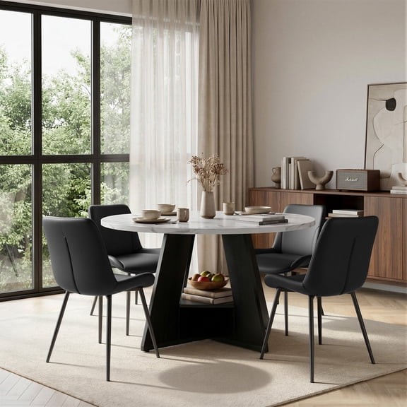 Hawsaiy 5 Piece Round Dining Table Set for 4, 47.3" Kitchen Dining Table with Storage Shelf & 4 PU Leather Dining Chairs, Modern Kitchen Table Set with Crossed Metal Legs