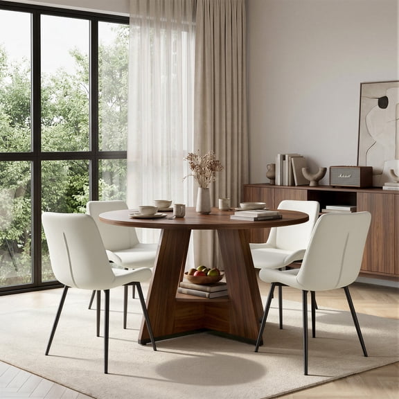 Hawsaiy 5 Piece Round Dining Table Set for 4, 47.3" Kitchen Dining Table with Storage Shelf & 4 PU Leather Dining Chairs, Modern Kitchen Table Set with Crossed Metal Legs