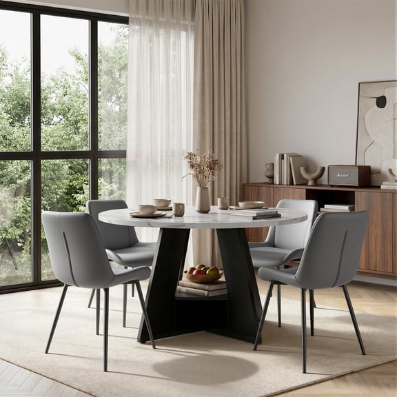 Hawsaiy 5 Piece Round Dining Table Set for 4, 47.3" Kitchen Dining Table with Storage Shelf & 4 PU Leather Dining Chairs, Modern Kitchen Table Set with Crossed Metal Legs