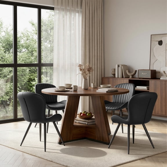 Hawsaiy 5 Piece Round Dining Table Set for 4, 47.3" Kitchen Dining Table with Storage Shelf & 4 Upholstered Dining Chairs, Modern Dining Room Furniture Set with Metal Legs
