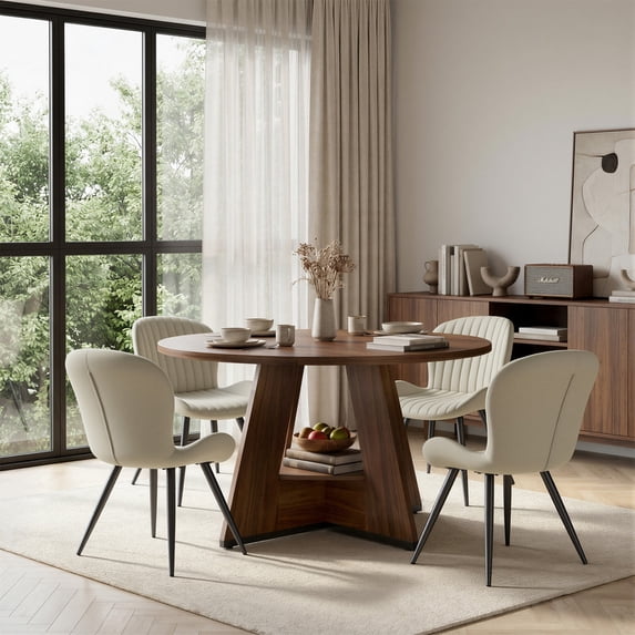 Hawsaiy 5 Piece Round Dining Table Set for 4, 47.3" Kitchen Dining Table with Storage Shelf & 4 Upholstered Dining Chairs, Modern Dining Room Furniture Set with Metal Legs