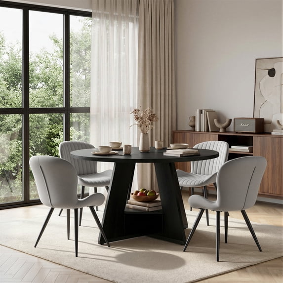 Hawsaiy 5 Piece Round Dining Table Set for 4, 47.3" Kitchen Dining Table with Storage Shelf & 4 Upholstered Dining Chairs, Modern Dining Room Furniture Set with Metal Legs