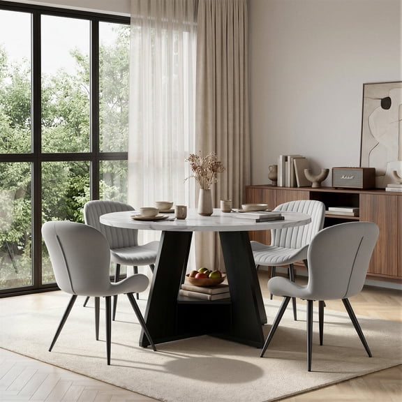 Hawsaiy 5 Piece Round Dining Table Set for 4, 47.3" Kitchen Dining Table with Storage Shelf & 4 Upholstered Dining Chairs, Modern Dining Room Furniture Set with Metal Legs