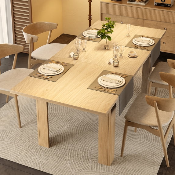 Hawsaiy 59–77" Extendable Farmhouse Dining Table for 6–8, Rectangular Space-Saving Kitchen Table with Hidden Leaf for Dining & Work, Natural