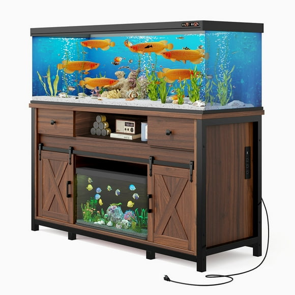 Hawsaiy 59" Heavy Duty Aquarium Stand with Power Outlet, Fits Up to 120 Gallon Fish Tank, 1000 lbs Capacity, Sliding Barn Doors, Adjustable Shelves, Bottom Tank Space, ETL Certified, Brown