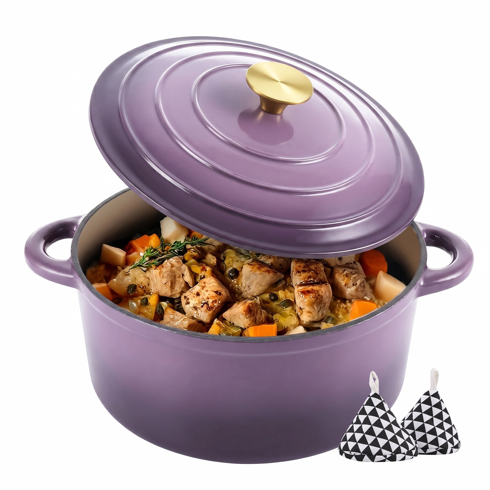 Hawsaiy 6 QT Enameled Cast Iron Dutch Oven with Lid, Pink, Includes 2 Oven Mitts, Nonstick Cookware for Baking, Roasting, Braising, Purple