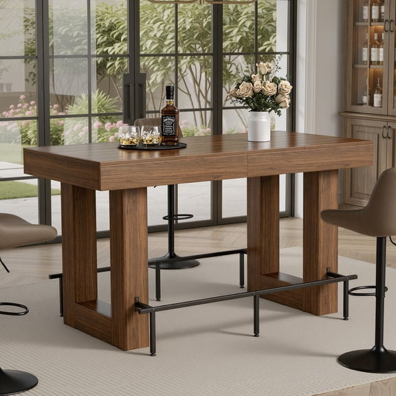 Hawsaiy 62.99" Counter Height Dining Table for 4-6 People, Bar Height Table with Metal Footrest, Industrial Pub Table, High Top Kitchen Table for Dining Room, Living Room & Home Bar, Walnut