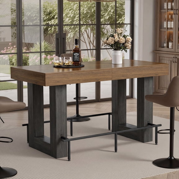Hawsaiy 62.99" Counter Height Dining Table for 4-6 People, Bar Height Table with Metal Footrest, Industrial Pub Table, High Top Kitchen Table for Dining Room, Living Room & Home Bar, Walnut & Black