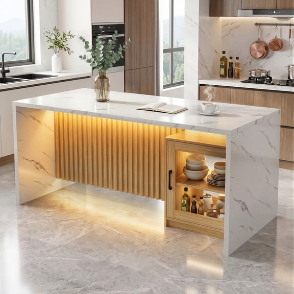 Hawsaiy 63" Dining Table for 4-6 People, Modern Kitchen & Dining Room Table with LED Lights, Faux Marble Tabletop, Fluted Wood Base with Storage Cabinet, Rectangular Dining Table, White