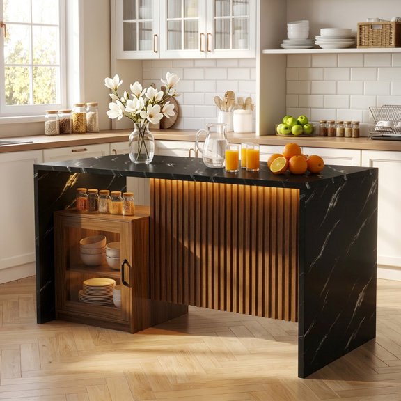 Hawsaiy 63" Kitchen Island Table with Storage Cabinet & LED Lights, Counter Height Bar Table with Faux Marble Top, Fluted Kitchen Island Dining Table for 4, Black