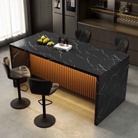 Hawsaiy 67" Modern LED Rectangle Dining Table with Marble-Look Top, 6 Seater Kitchen Island Table with Lights for Home Kitchen Office, Black