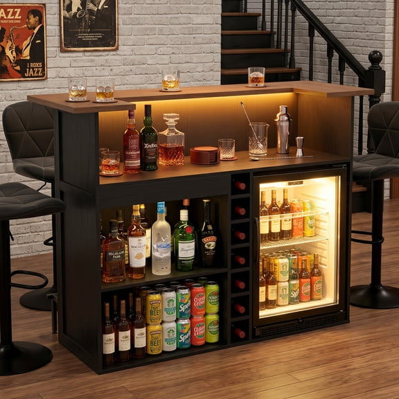 Hawsaiy 63" U-Shaped Home Bar Unit with Fridge Space & LED Lights, Industrial Bar Cabinet with Wine Rack, Stemware Holders & Drawer, Basement Bar Table Furniture(Bar Table with 4 Stools)