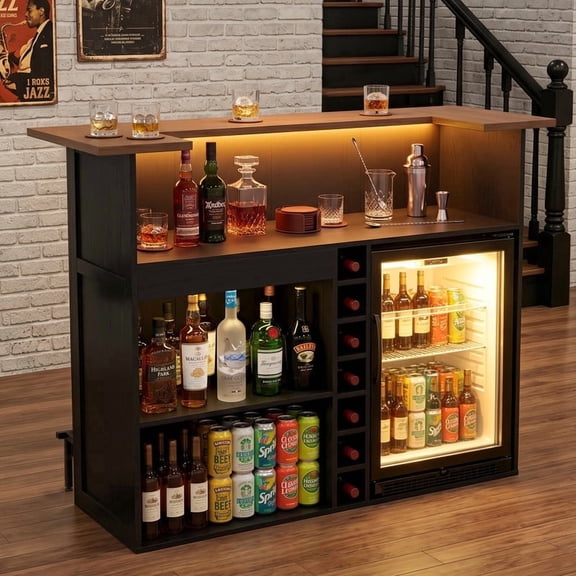 Hawsaiy 63" U-Shaped Home Bar Unit with Fridge Space & LED Lights, Industrial Bar Cabinet with Wine Rack, Stemware Holders & Drawer, Basement Bar Table Furniture(Bar Table)