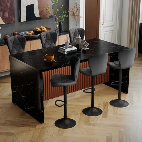 Hawsaiy 7-Piece Dining Table Set for 6, 67" LED Marble Dining Table Set with 6 Adjustable Swivel Bar Stools, Dining Set for Kitchen Island (Black+Black)