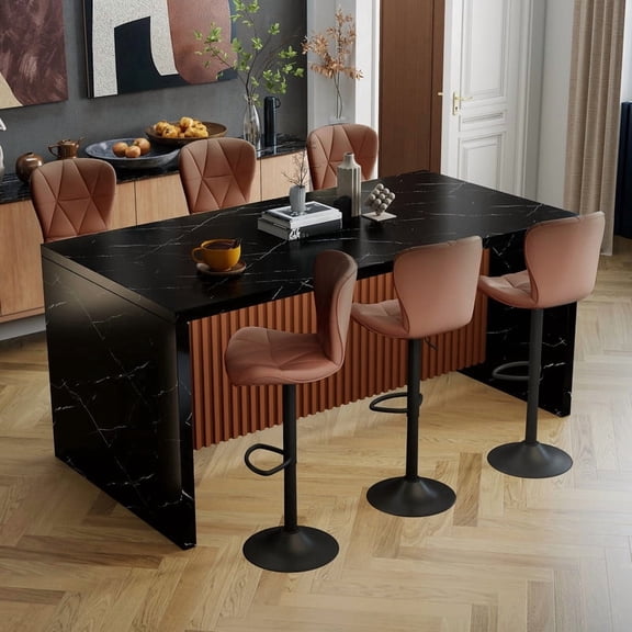 Hawsaiy 7-Piece Dining Table Set for 6, 67" LED Marble Dining Table Set with 6 Adjustable Swivel Bar Stools, Dining Set for Kitchen Island (Black+Brown)