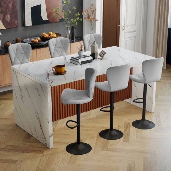 Hawsaiy 7-Piece Dining Table Set for 6, 67" LED Marble Dining Table Set with 6 Adjustable Swivel Bar Stools, Dining Set for Kitchen Island (White+Light Gray)