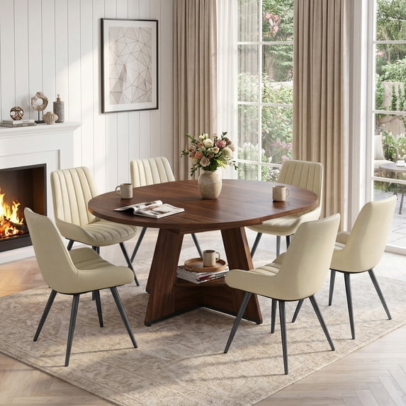 Hawsaiy 7 Piece Extendable Dining Table Set for 6, 47.24"-63" Round to Oval Kitchen Dining Room Table with Storage Shelf & Upholstered Dining Chairs, Modern Wood Dining Table Set for Apartment