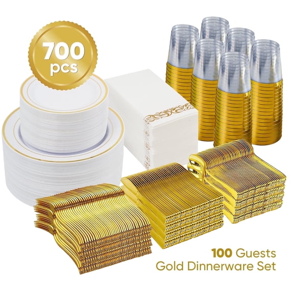 Hawsaiy 700PCS Gold Disposable Plates and Cups Set for 100 Guests, Plastic Dinnerware with Napkins for Wedding and Party
