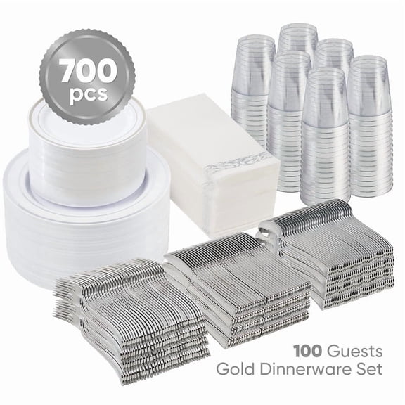Hawsaiy 700PCS Silver Disposable Plates and Cups Set for 100 Guests, Plastic Dinnerware with Napkins for Wedding and Party