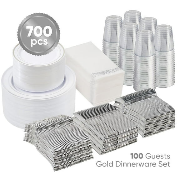 Hawsaiy 700PCS Silver Disposable Plates and Cups Set for 100 Guests, Plastic Dinnerware with Napkins for Wedding and Party