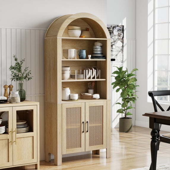 Hawsaiy 71" Arched Pantry Cabinet with Doors, Tall Arch Bookcase with Adjustable Shelves, Mid-Century Modern Kitchen Pantry Storage Cabinet for Living Room, Oak
