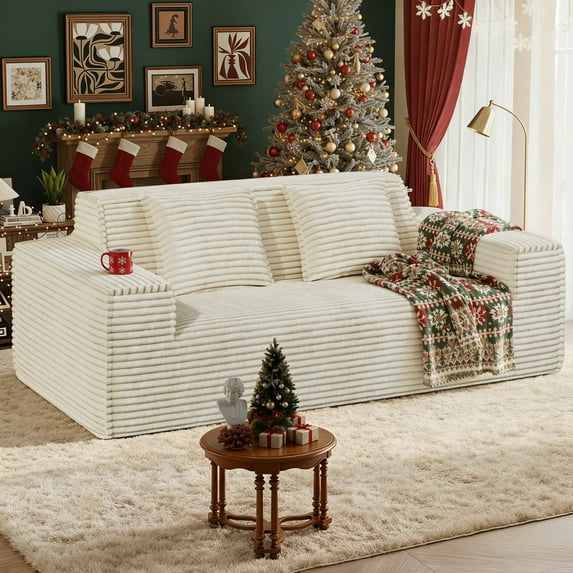 Hawsaiy 75" Corduroy Loveseat Sofa with Wide Armrests & Removable Pillows, No Assembly Foam Couch, Vacuum Packed, High-Density Support,Beige