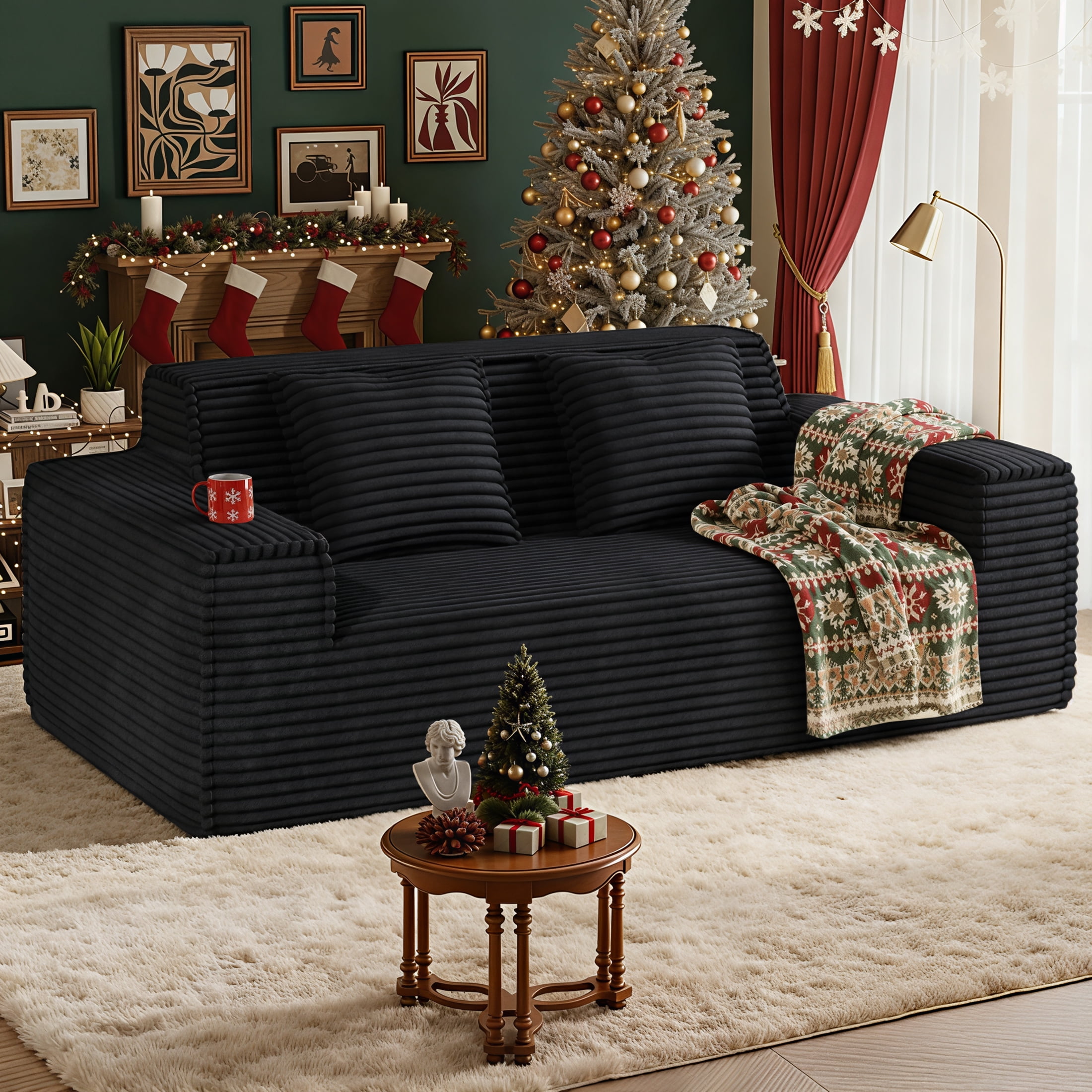 Hawsaiy 75" Corduroy Loveseat Sofa for Small Spaces, Wide Armrests, Removable Pillows, Vacuum-Packed Foam Couch, Black