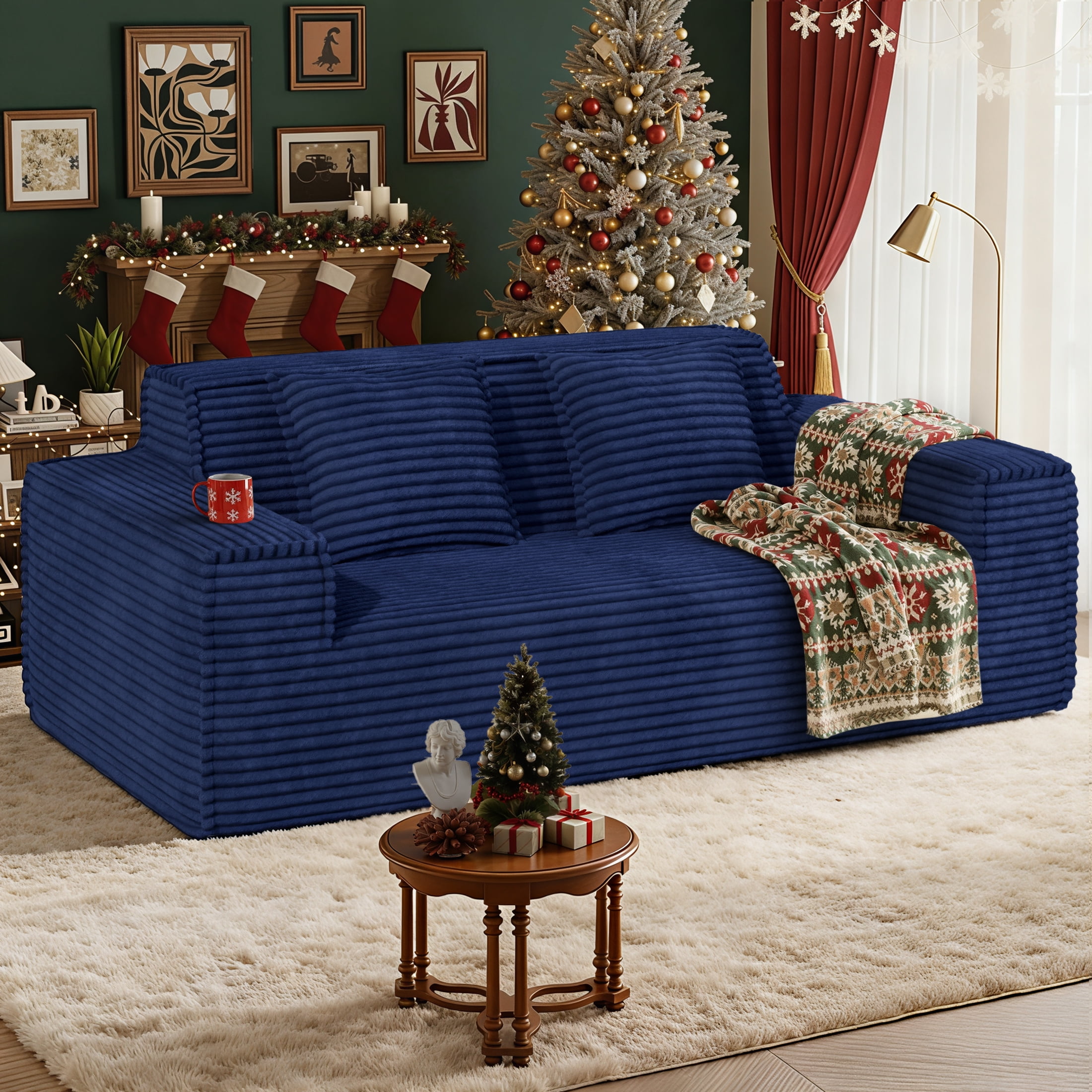 Hawsaiy 75" Corduroy Loveseat Sofa with Wide Armrests & Removable Pillows, No Assembly Foam Couch, Vacuum Packed, High-Density Support,Blue