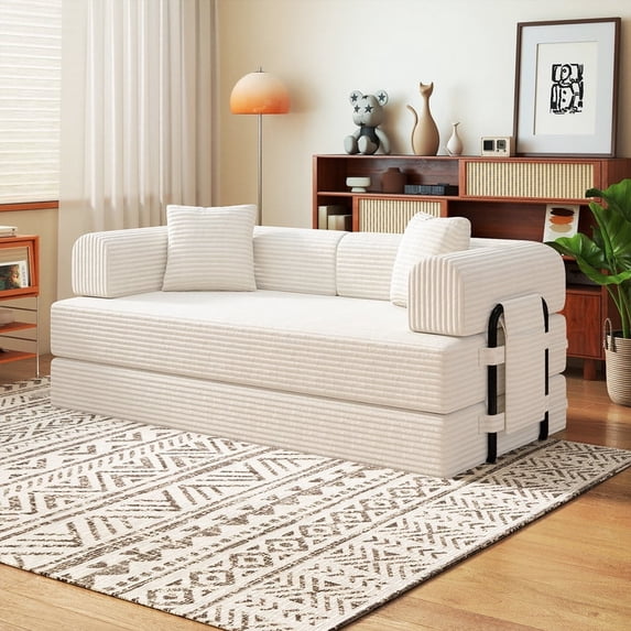 Hawsaiy 78" Convertible Corduroy Modular Floor Sofa Bed with Cylindrical Pillows, No Assembly Sleeper Couch with High-Density Foam, Fixed Shape Frame for Living Room, Bedroom, Lounge, Beige