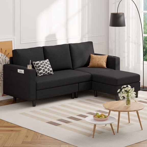 Hawsaiy 78" L-Shaped Upholstered Sectional Sofa, 3-Seat Convertible Couch with Washable Corduroy Covers, for Living Room, Apartment, Black