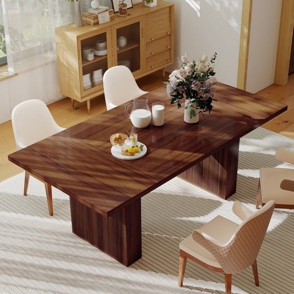 Hawsaiy 78" Rectangular Farmhouse Dining Table for 6–8, Large Kitchen Table with Grooved Wood Base, Thick Waterproof Top for Dining Room, Walnut
