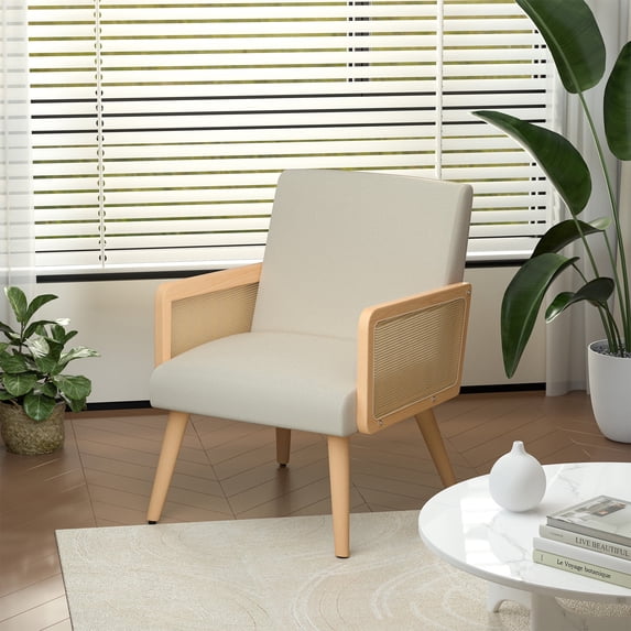 Hawsaiy Accent Chair with Rattan Arms, Living Room Chairs with Wood Legs, Modern Armchair for Bedroom, Lounge Chair Indoor for Reading Room Kitchen and Dining Room,Beige
