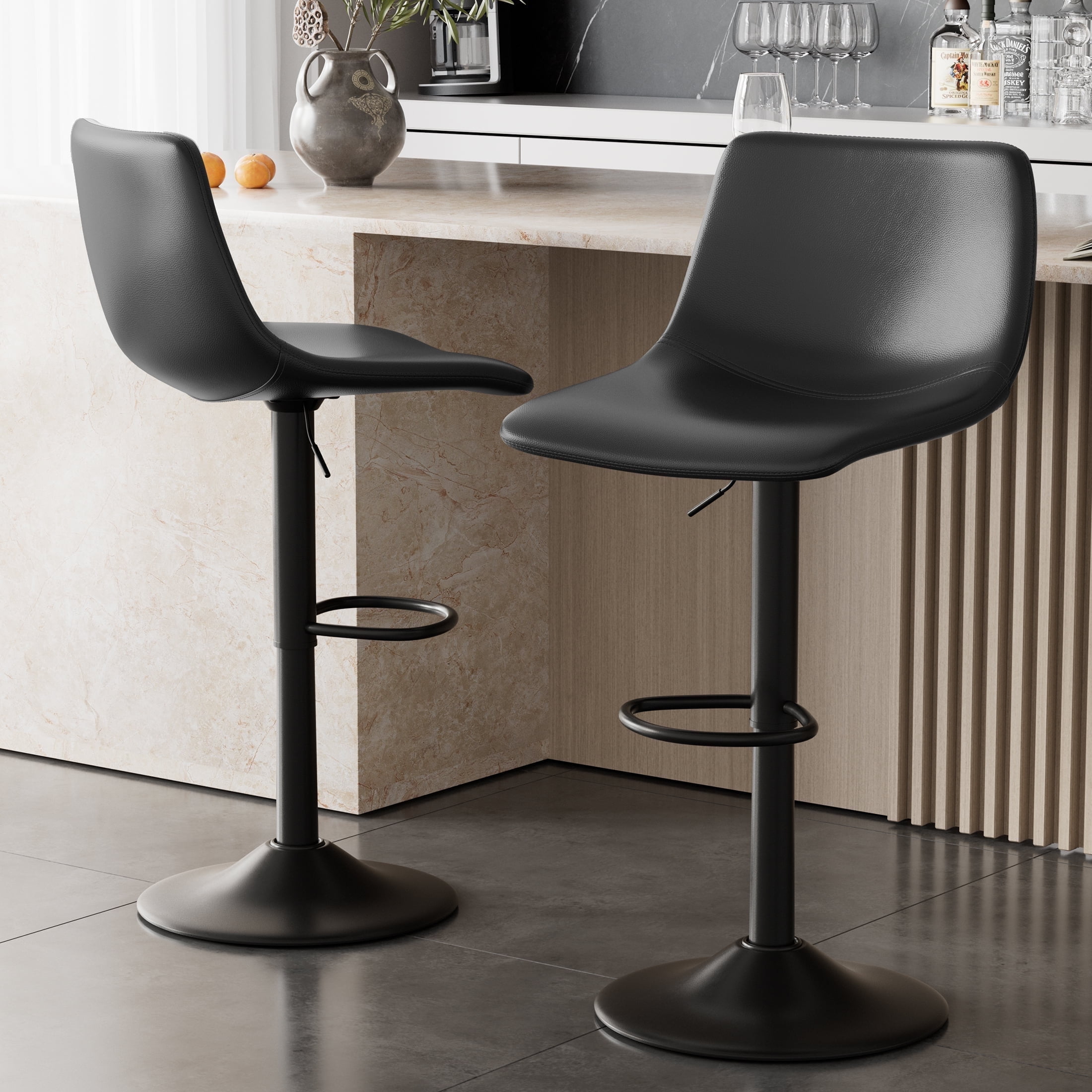 Hawsaiy Modern Swivel Bar Stools Set of 2, Adjustable Faux Leather Counter Height Chairs with Back for Kitchen Island, Black