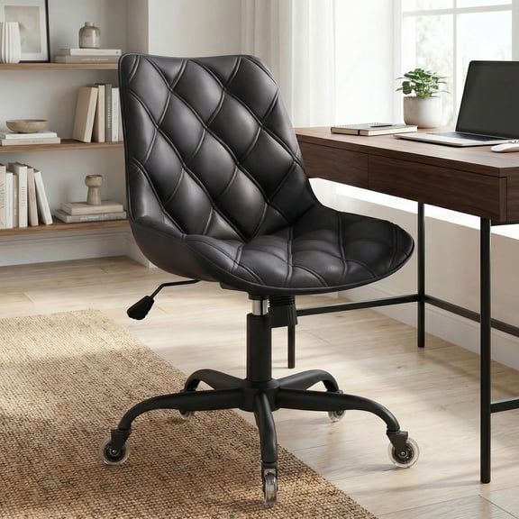 Hawsaiy Armless Office Chair with Rubber Wheels, PU Leather Desk Chair, Mid Back Adjustable Swivel Computer Chair, Small Space Vanity Task Chair, Black